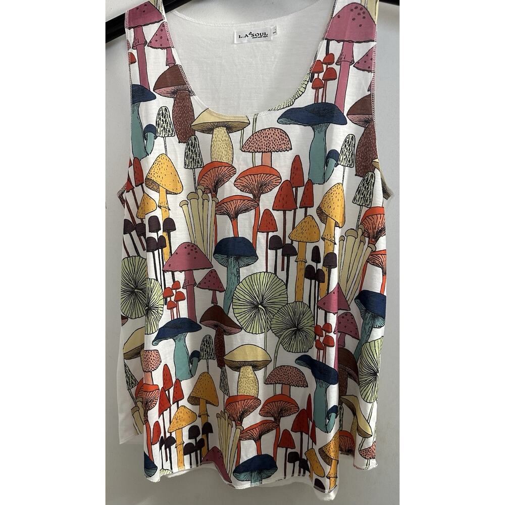 LA Soul Women’s Mushroom Print Tank Top Size Large Fun Colorful Cotton Blend
